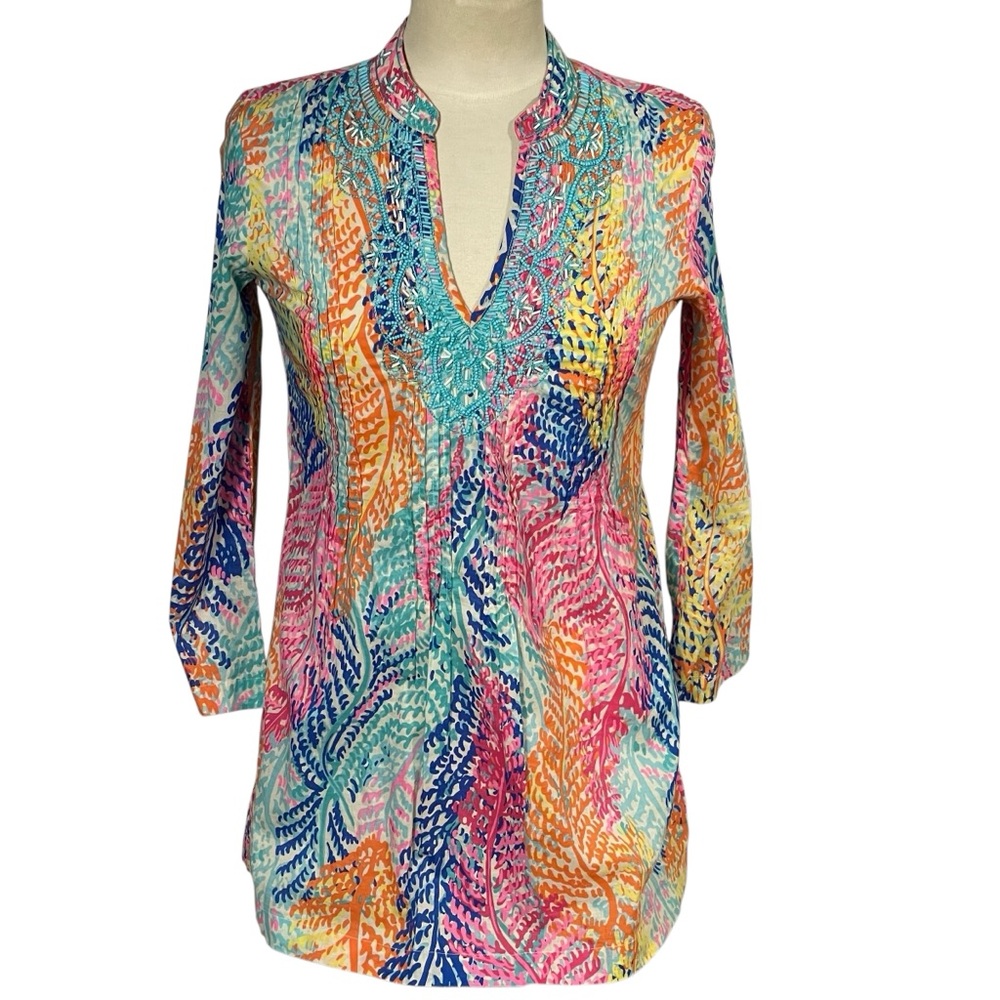Lilly Pulitzer Sarasota Multicolor Pleated Embroidered Beaded Tunic Top Sz XS